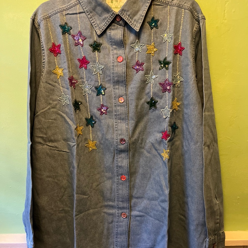 NWT The Quacker Factory Light Blue Denim Button Down with Sequin Stars